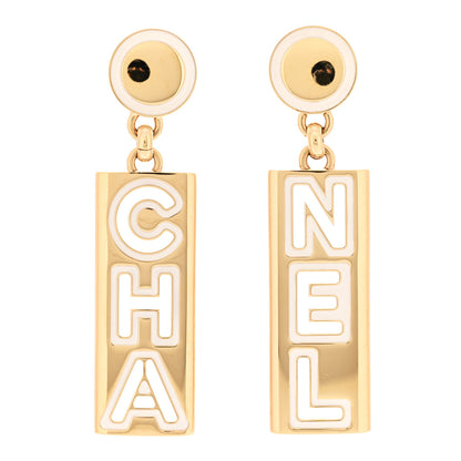Chanel Metal Enamel Cha-Nel Logo Drop Earrings Gold Black 1 of 5