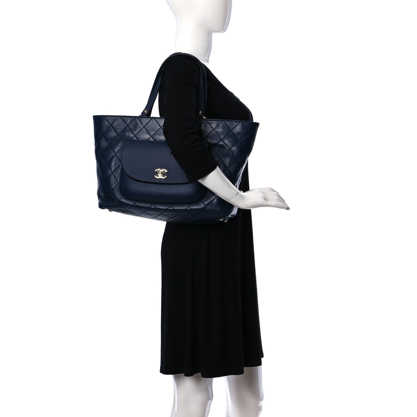 Sheepskin Caviar Quilted Large Shopping Tote Navy