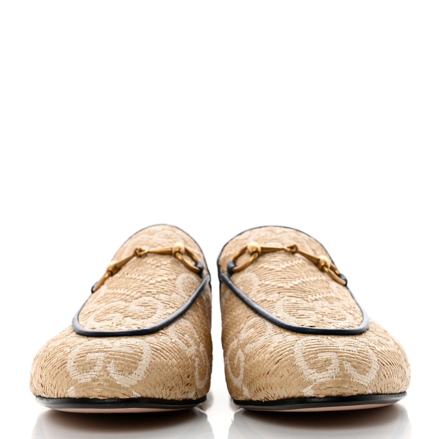 Raffia Malaga Kid GG Monogram Chevron Horsebit Womens Princetown Slippers 39 Natural Mystic White Blue Agata