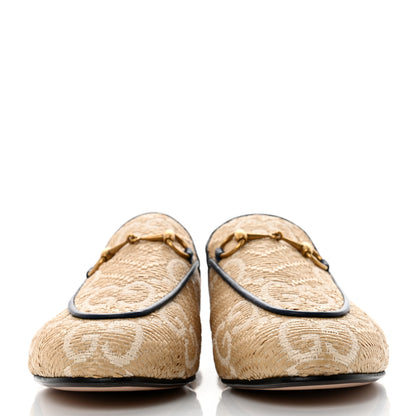 Gucci Raffia Malaga Kid GG Monogram Chevron Horsebit Womens Princetown Slippers 39 Natural Mystic White Blue Agata 2 of 8