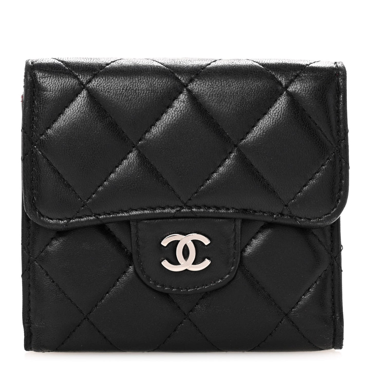 Lambskin Quilted Tri-Fold Flap Wallet Black