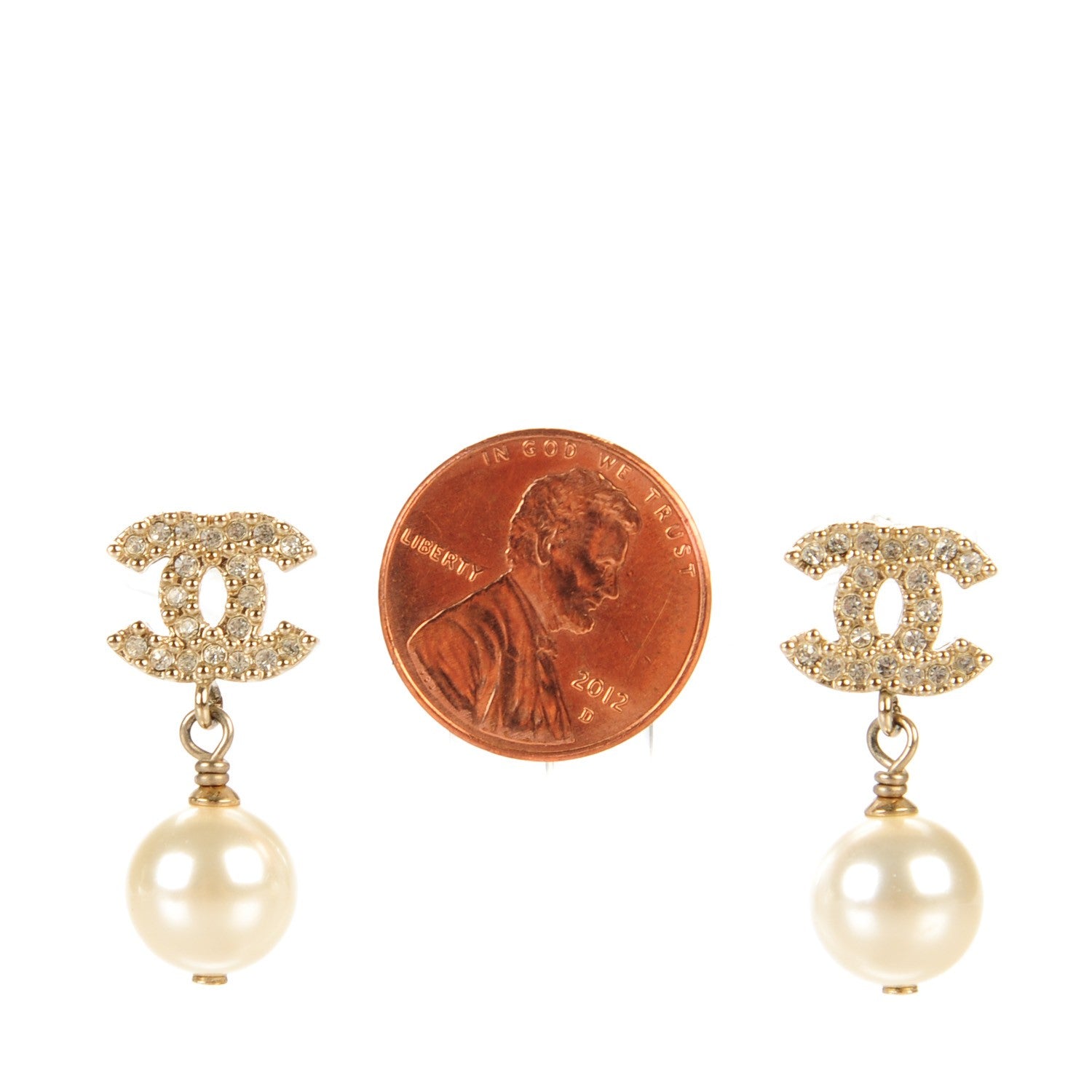 Chanel Crystal CC Pearl Drop Earrings Gold 2 of 5