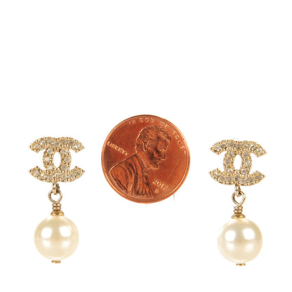 Chanel Crystal CC Pearl Drop Earrings Gold 2 of 5