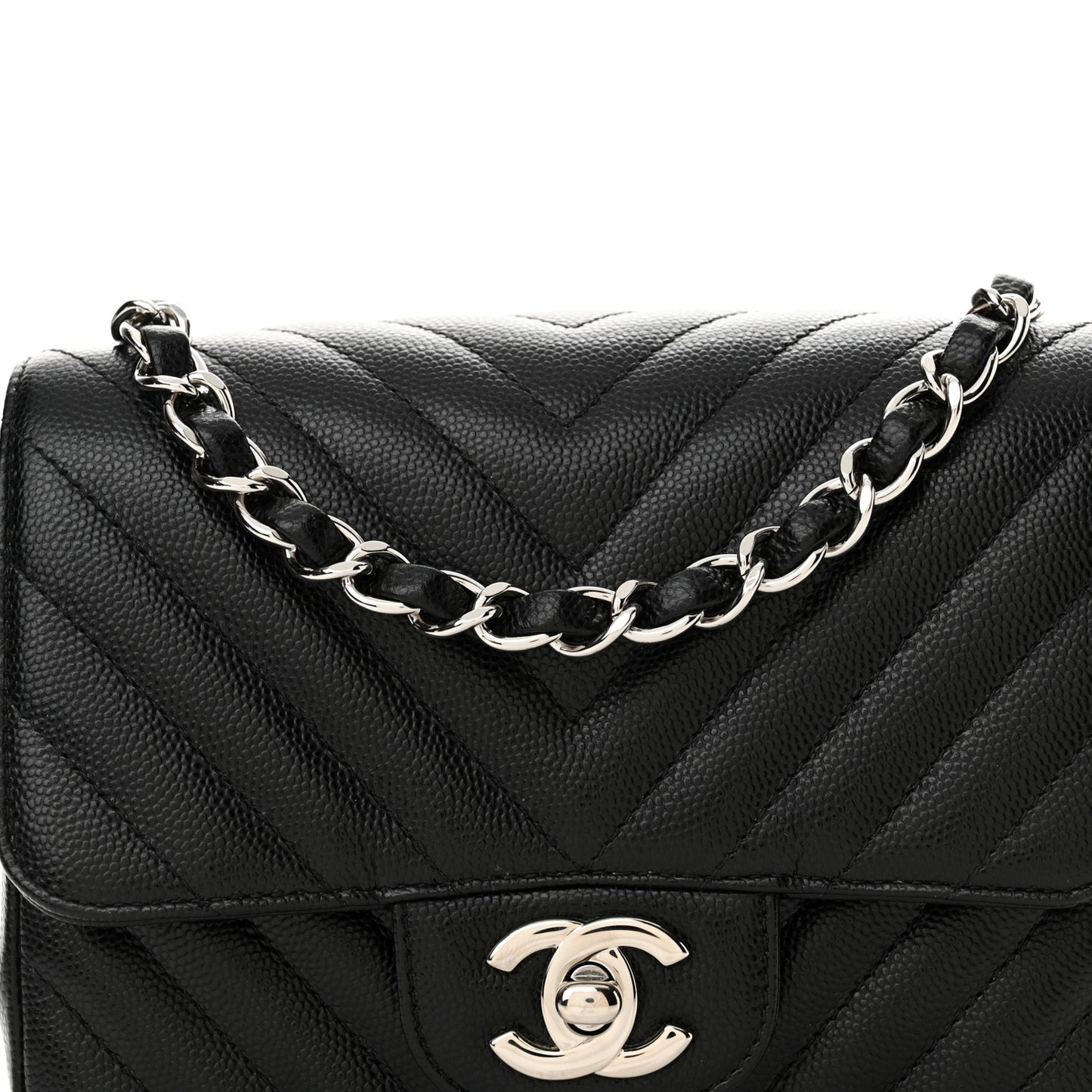 Caviar Chevron Quilted Mini Square Flap Black