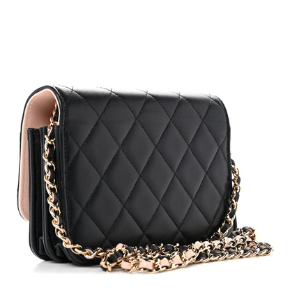 Chanel Lambskin Quilted Mini Wallet on Chain WOC Black Pink 5 of 13