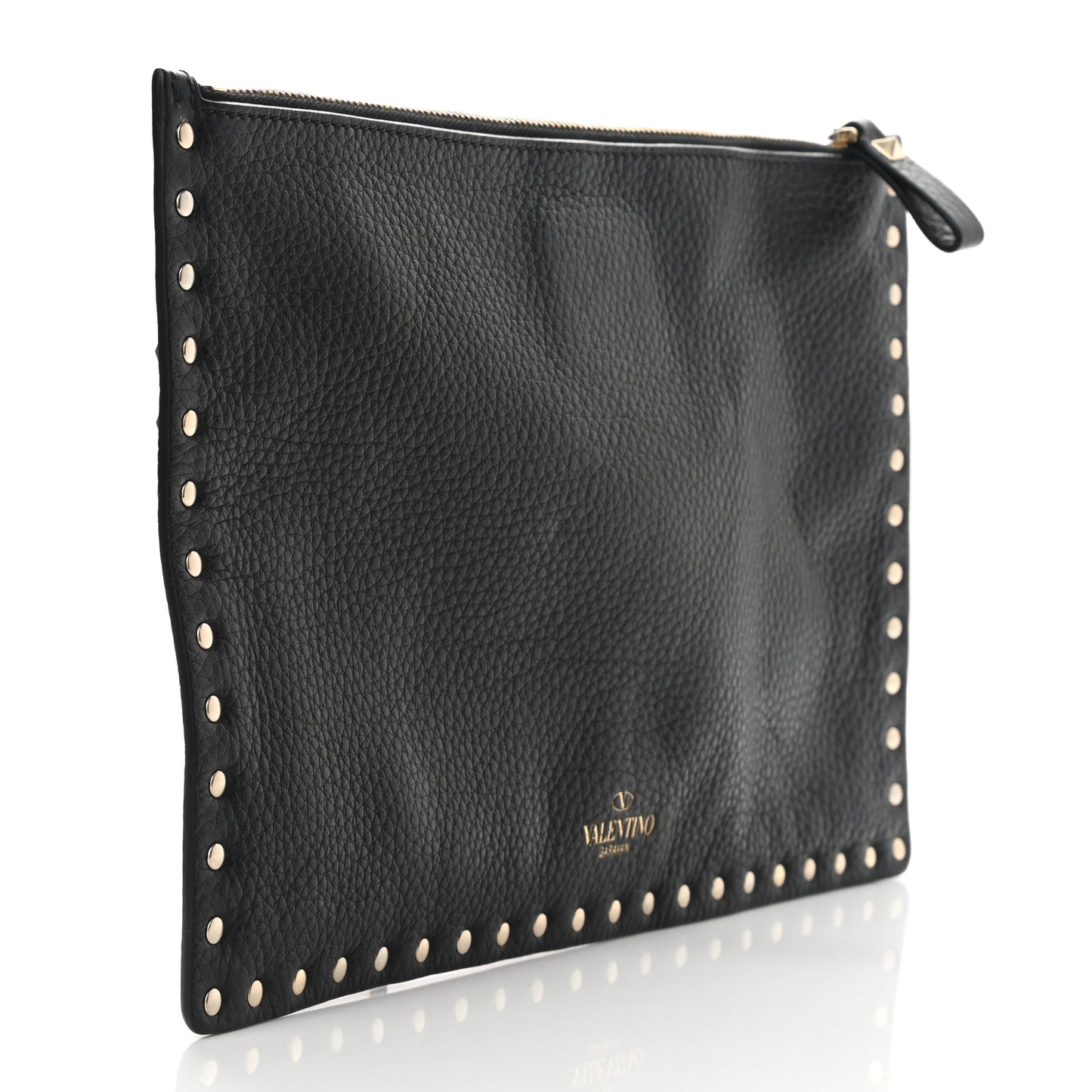 Pebbled Calfskin Large Rockstud Zip Pouch Black