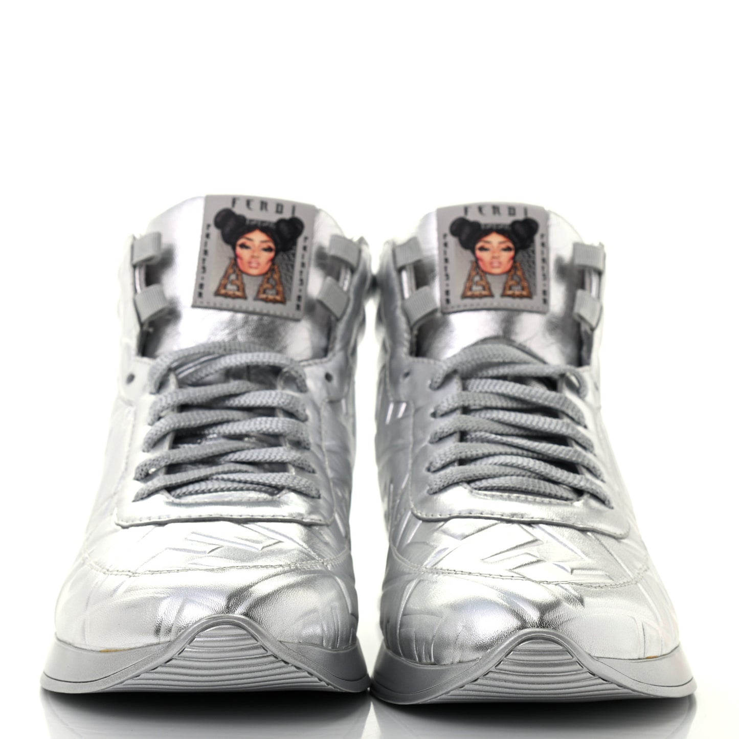 X NICKI MINAJ Metallic Nappa Macro FF Embossed Prints On High Top Sneakers 39 Silver