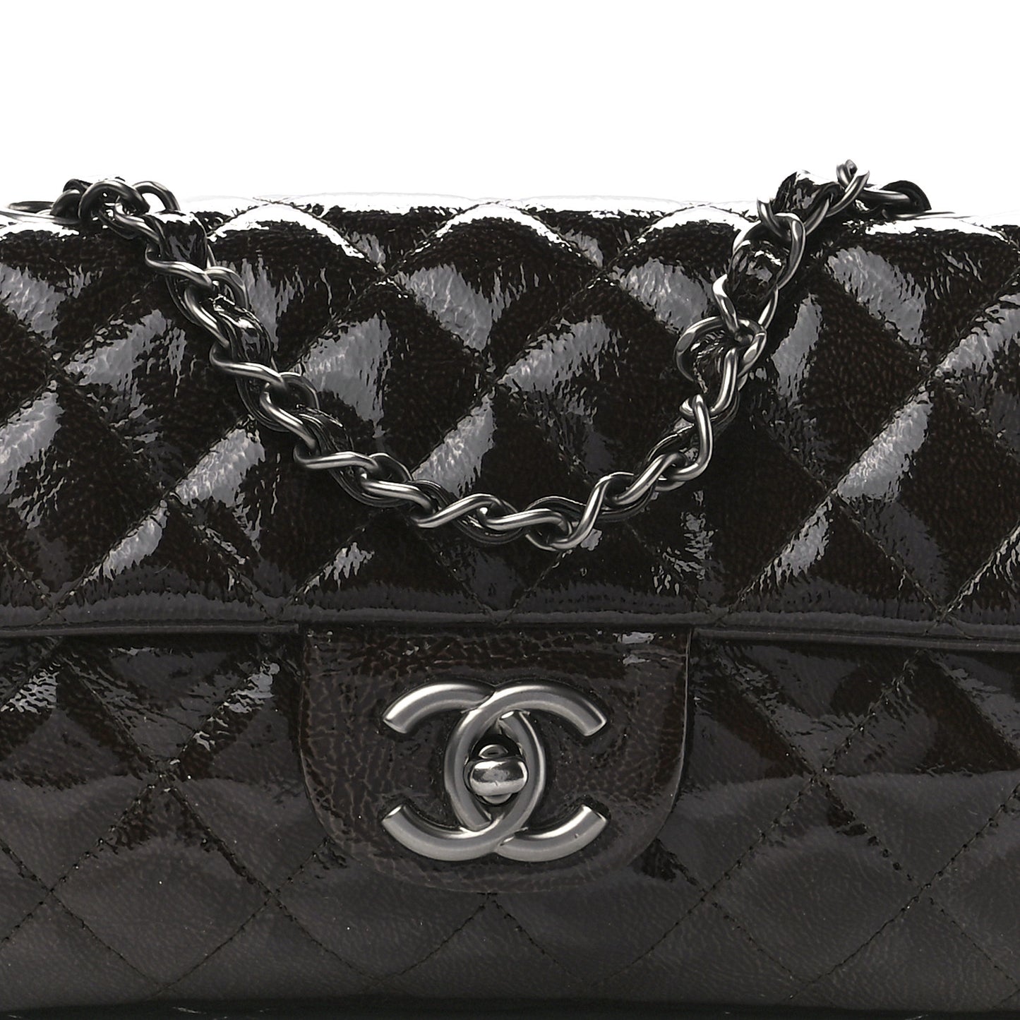 Crinkled Patent Quilted East West Flap Brown
