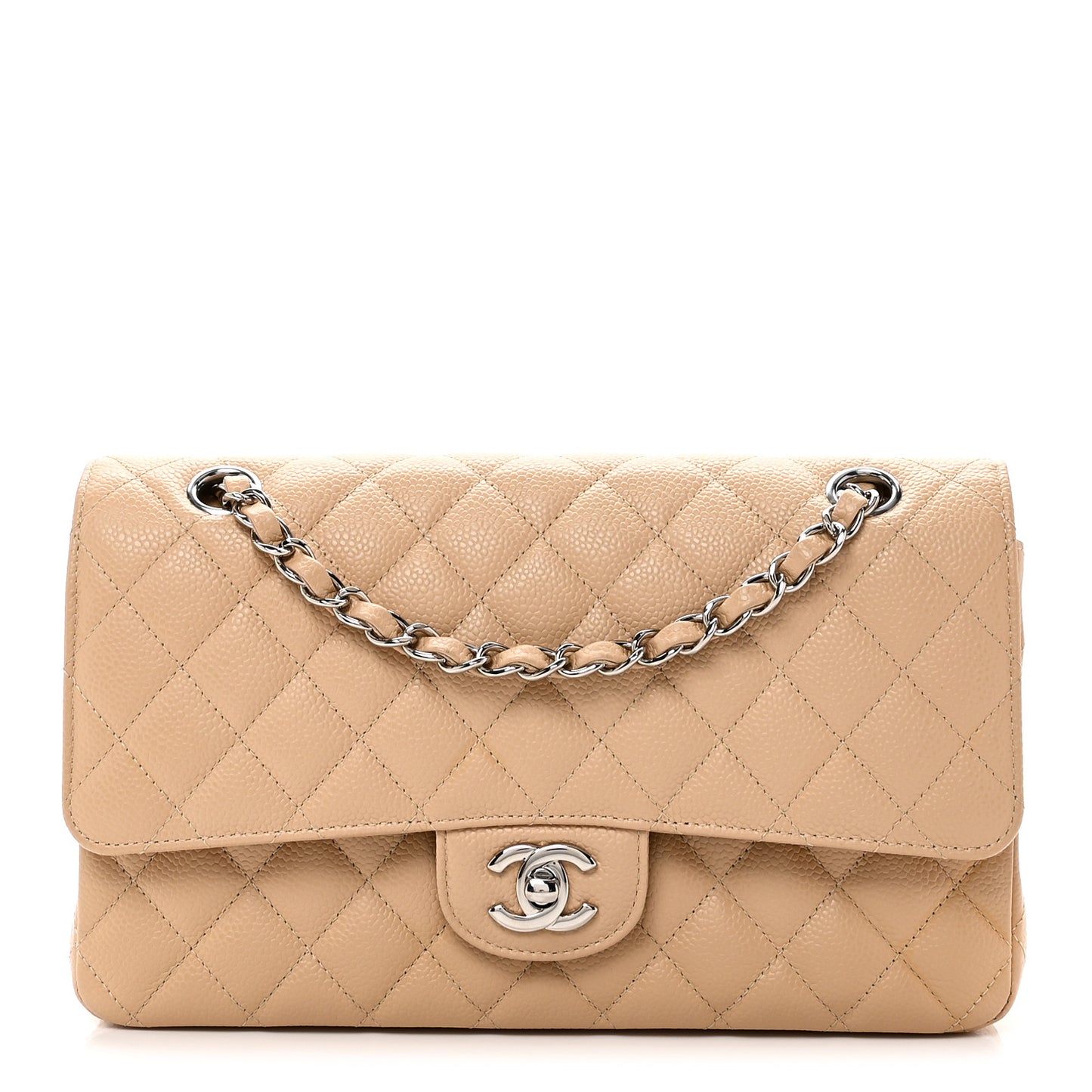 Caviar Quilted Medium Double Flap Beige