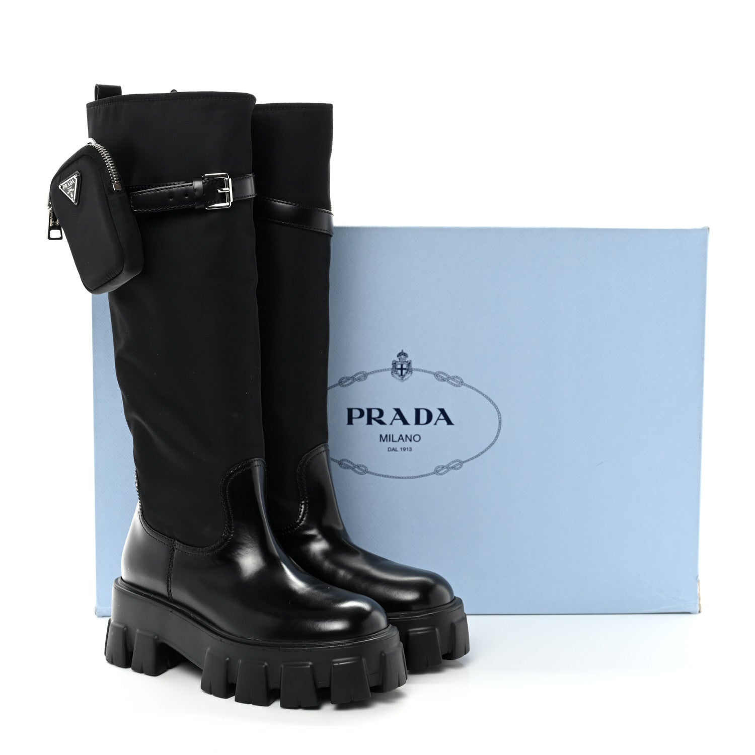 Prada Spazzolato Rois Re-Nylon Metal Triangle Logo Monolith Pouch Pocket 55mm Tall Boots 37 Black 9 of 9
