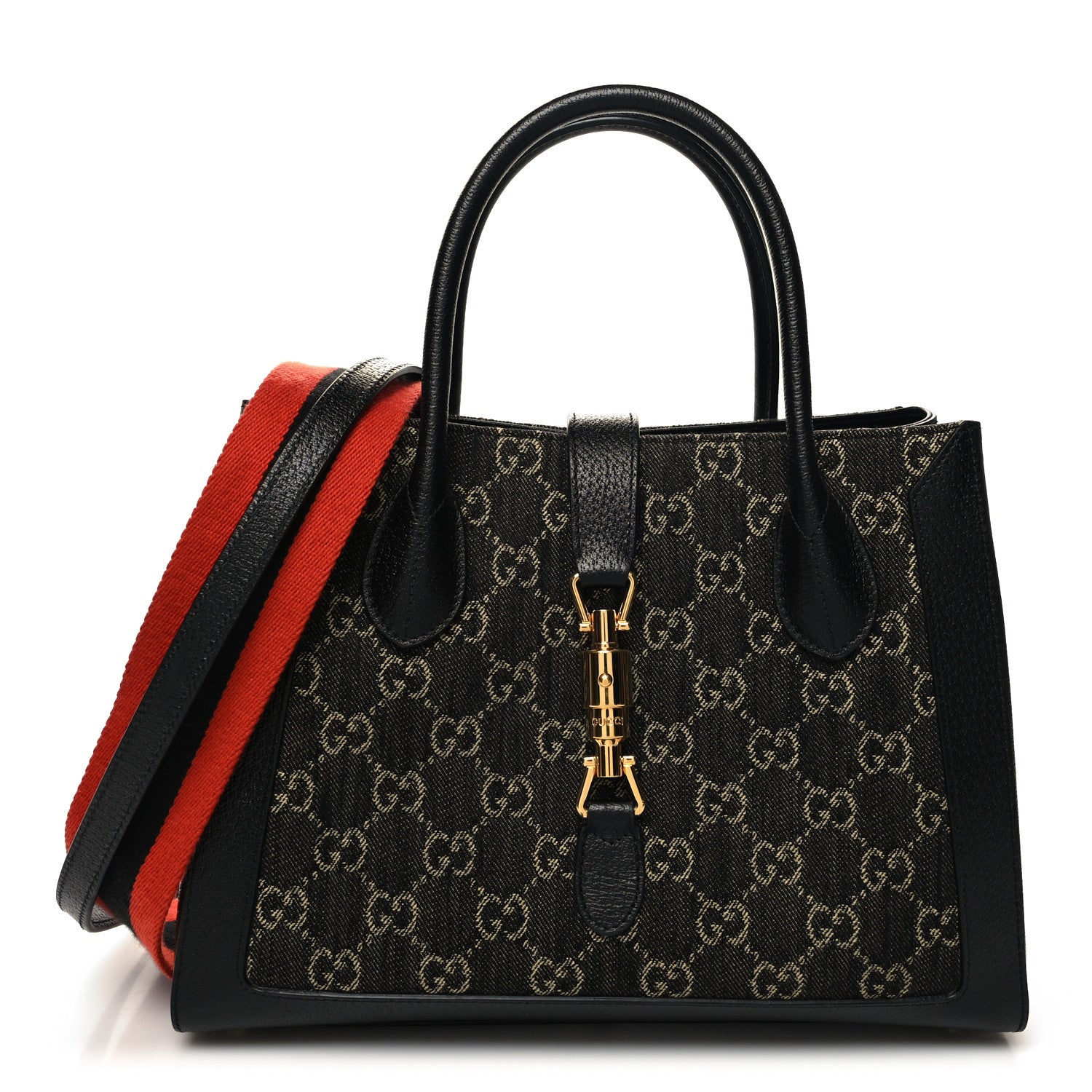 Gucci Jacquard Black Denim GG Monogram Textured Dollar Calfskin Medium Jackie 1961 Tote Black Ivory 1 of 10