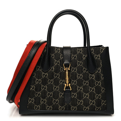 Gucci Jacquard Black Denim GG Monogram Textured Dollar Calfskin Medium Jackie 1961 Tote Black Ivory 1 of 10