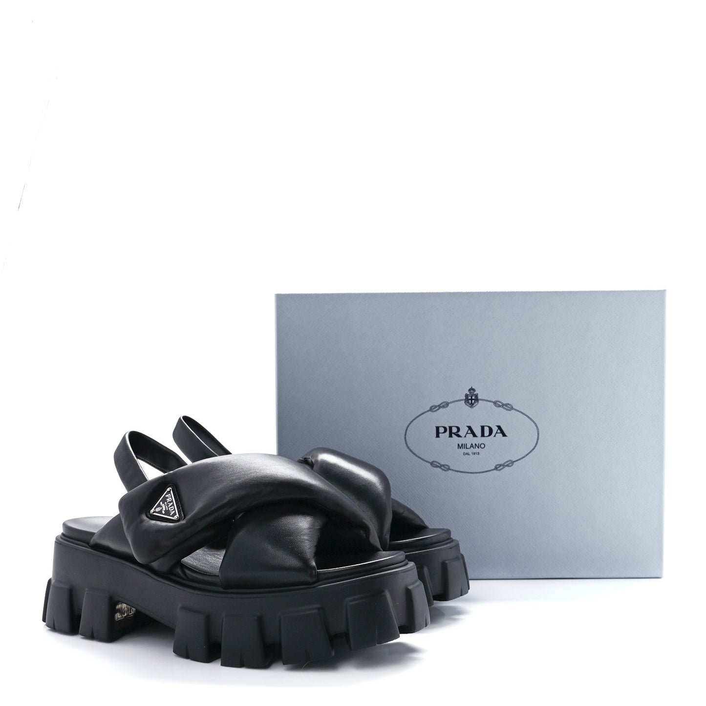 Nappa Soft Metal Triangle Logo Padded Monolith 55mm Slingback Sandals 41 Black