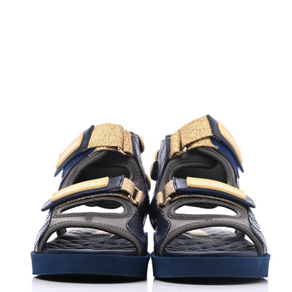 Chanel Goatskin Fabric Gladiator Sandals 36 Navy Blue Light Grey Yellow 2 of 16