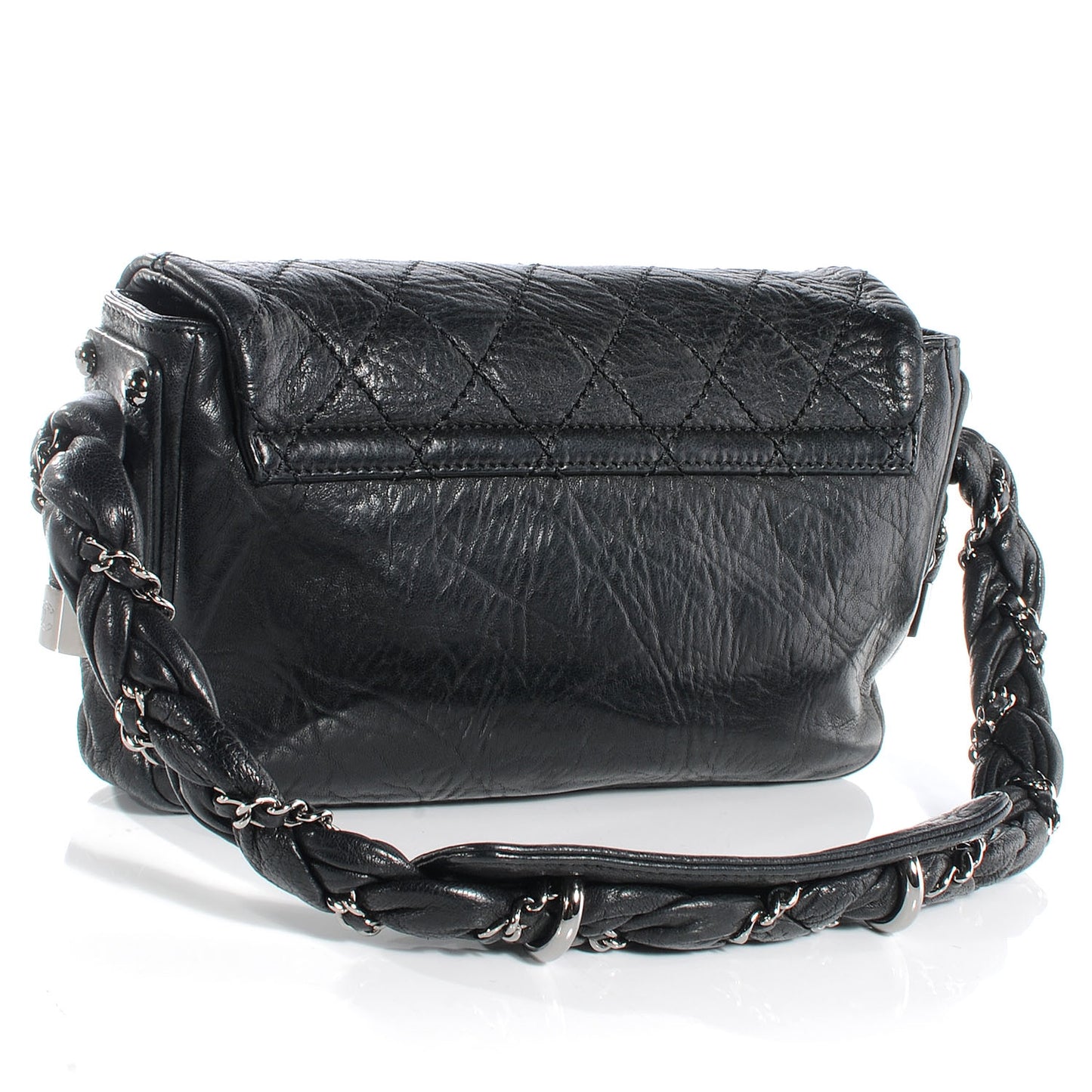 Distressed Lambskin Lady Braid Flap Black
