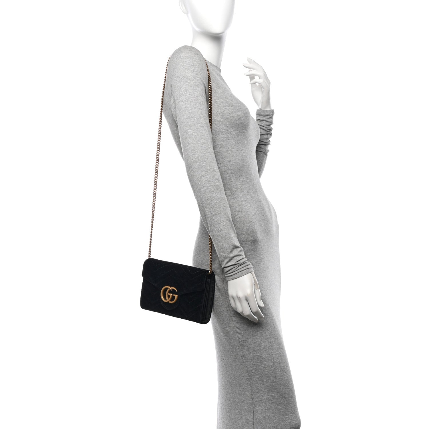 Gucci Velvet Matelasse GG Marmont Chain Wallet Black 2 of 12