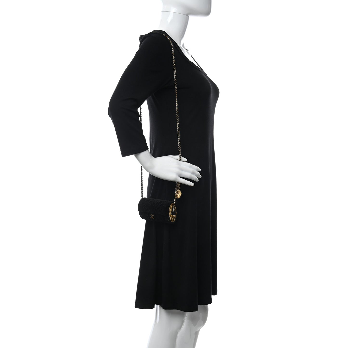 Velvet Camellia Embossed Jewel Belt Card Holder With Chain Black