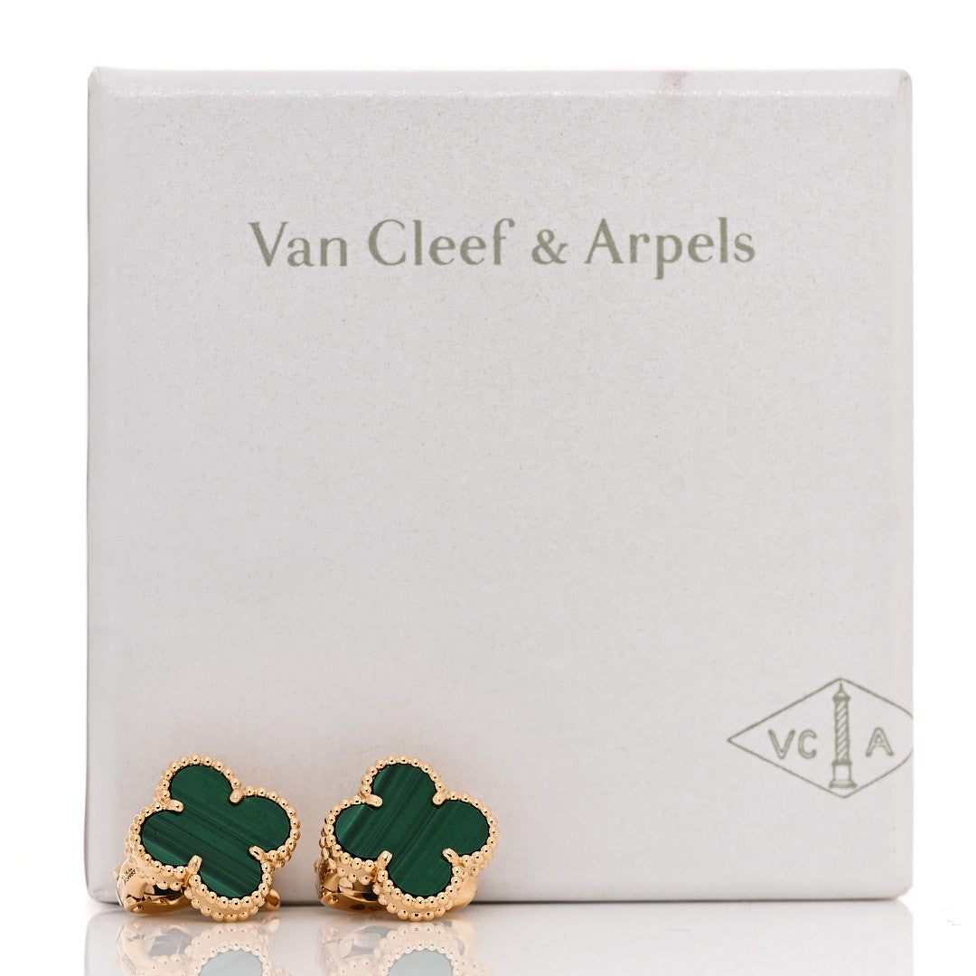 18K Yellow Gold Malachite Vintage Alhambra Earrings