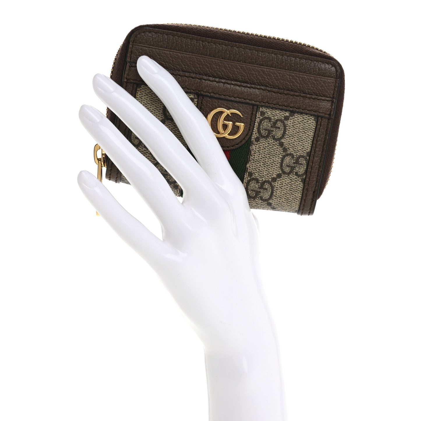 GG Supreme Monogram Textured Dollar Calfskin Web Ophidia Zip Around Card Case Wallet Beige Ebony New Acero
