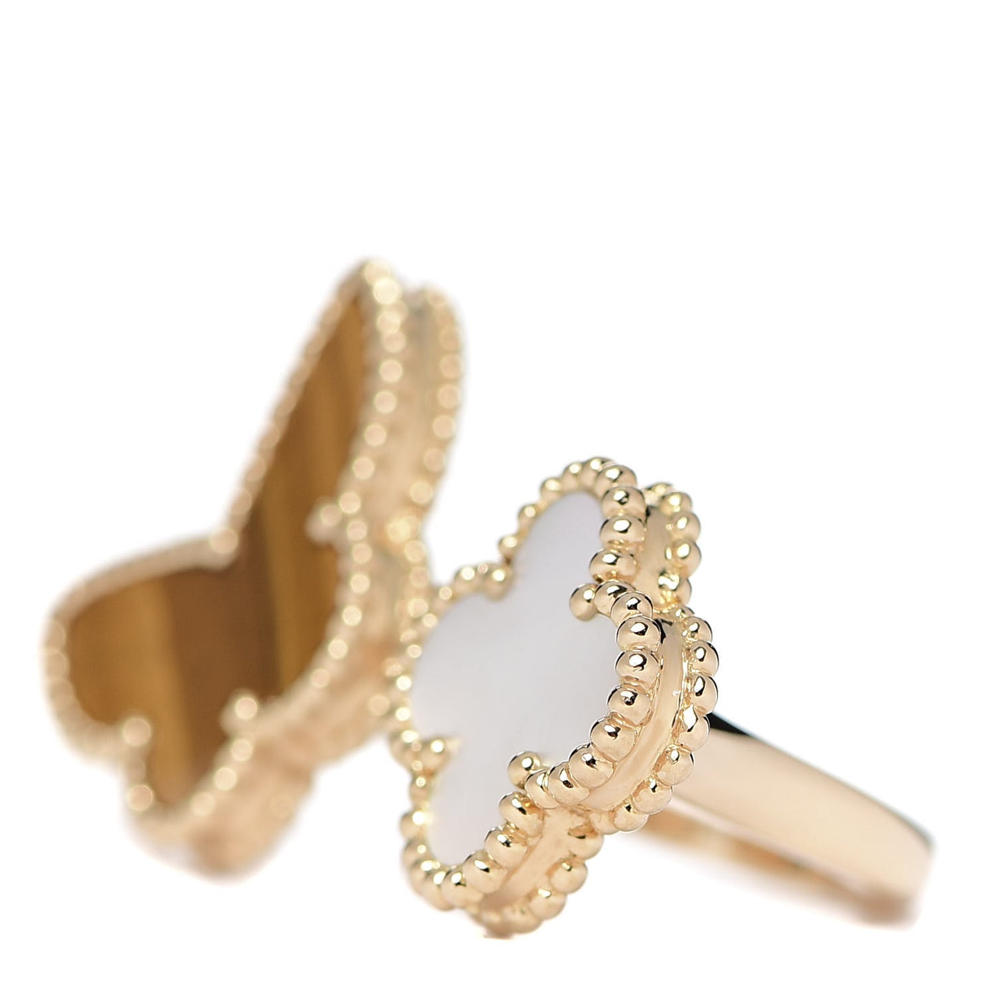 18K Yellow Gold Mother of Pearl Tiger Eye Lucky Alhambra Between the Finger Ring 51 5.75