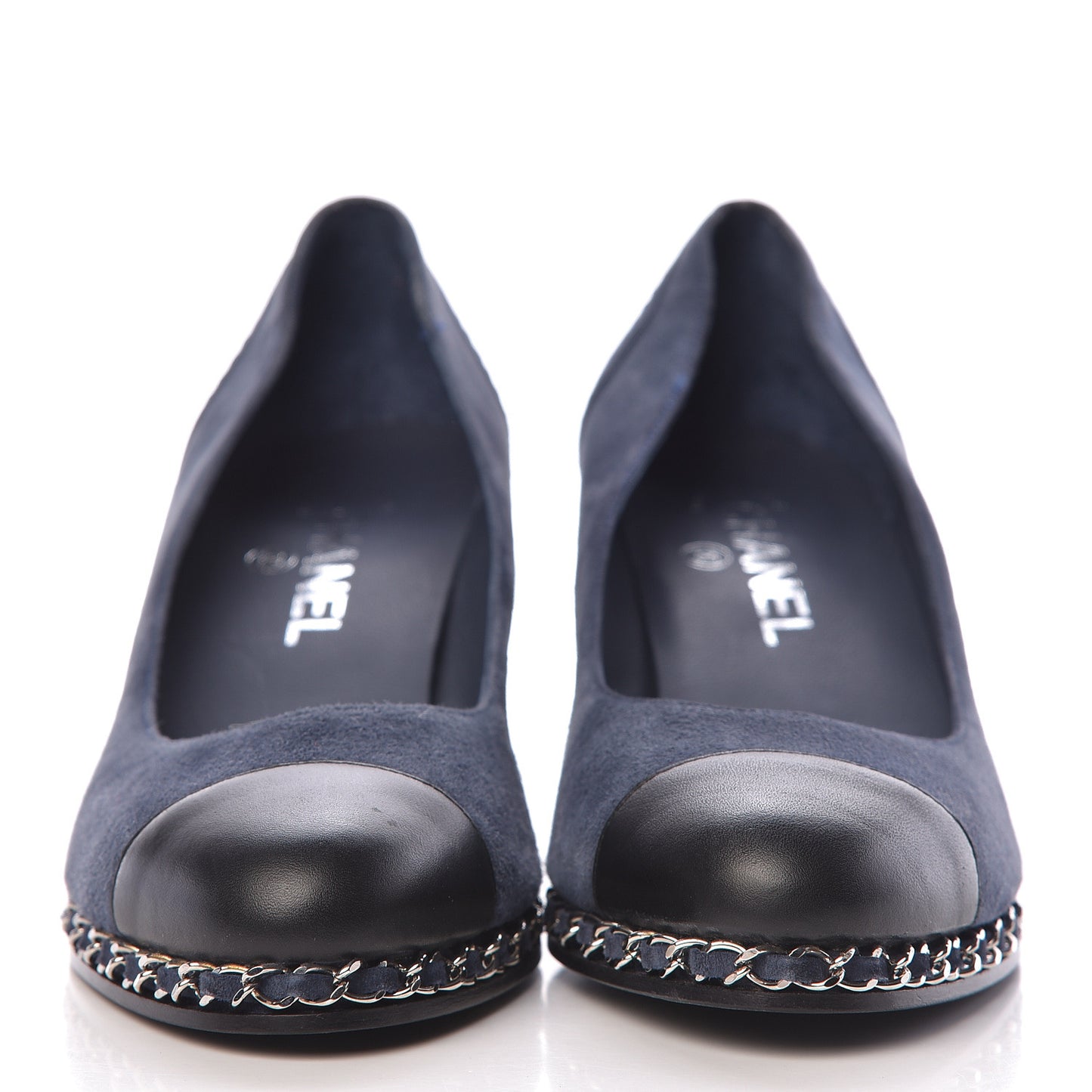 Suede Lambskin Cap Toe Chain Wedge Pumps 39 Blue