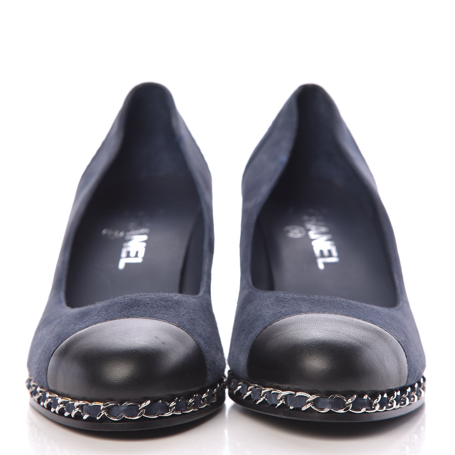 Chanel Suede Lambskin Cap Toe Chain Wedge Pumps 39 Blue 2 of 8