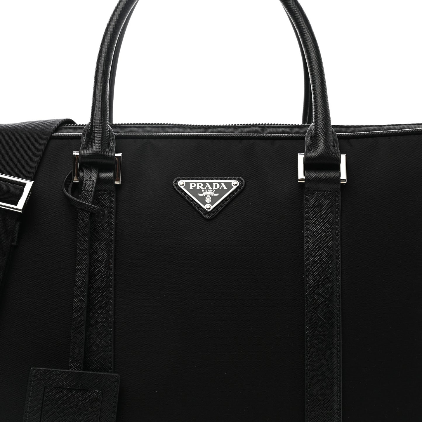 Tessuto Nylon Saffiano Metal Triangle Logo Work Bag Black