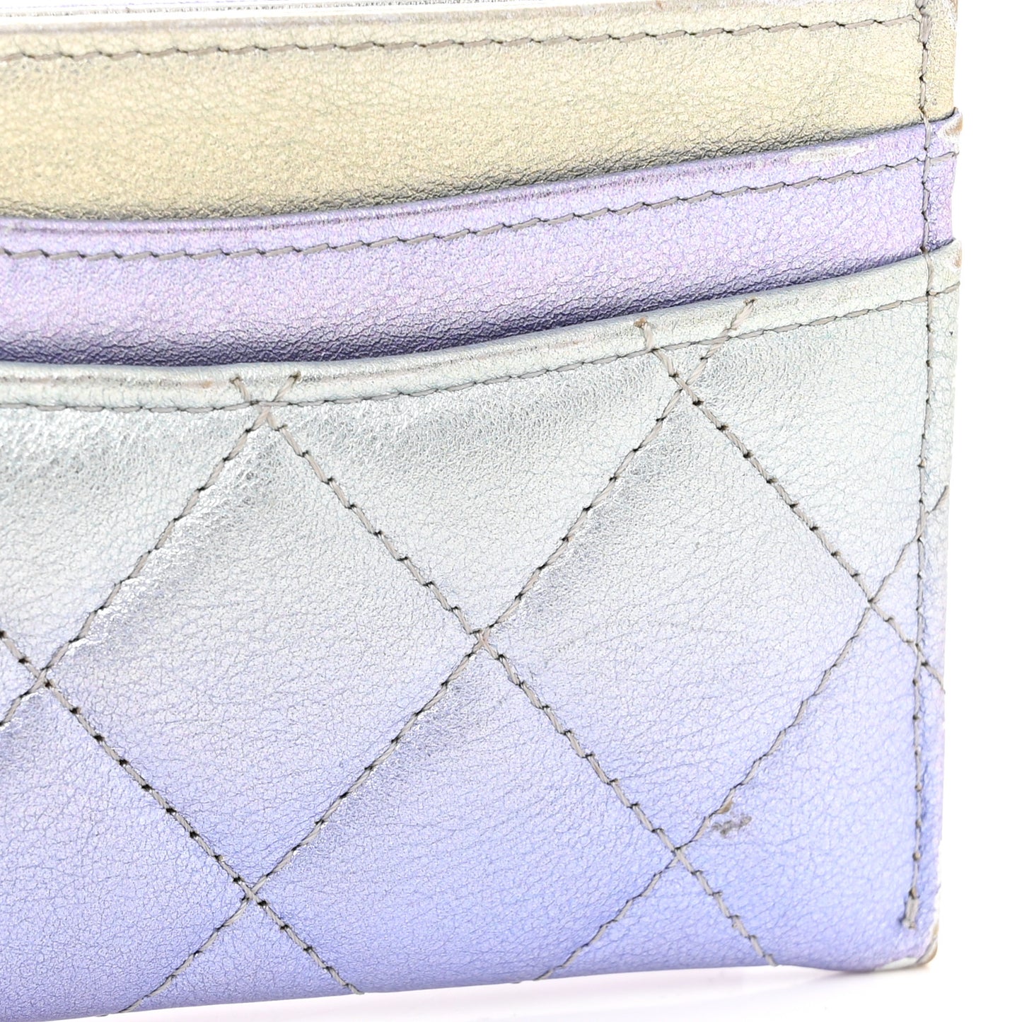 Gradient Metallic Calfskin Quilted Card Holder Silver Blue Yellow Purple