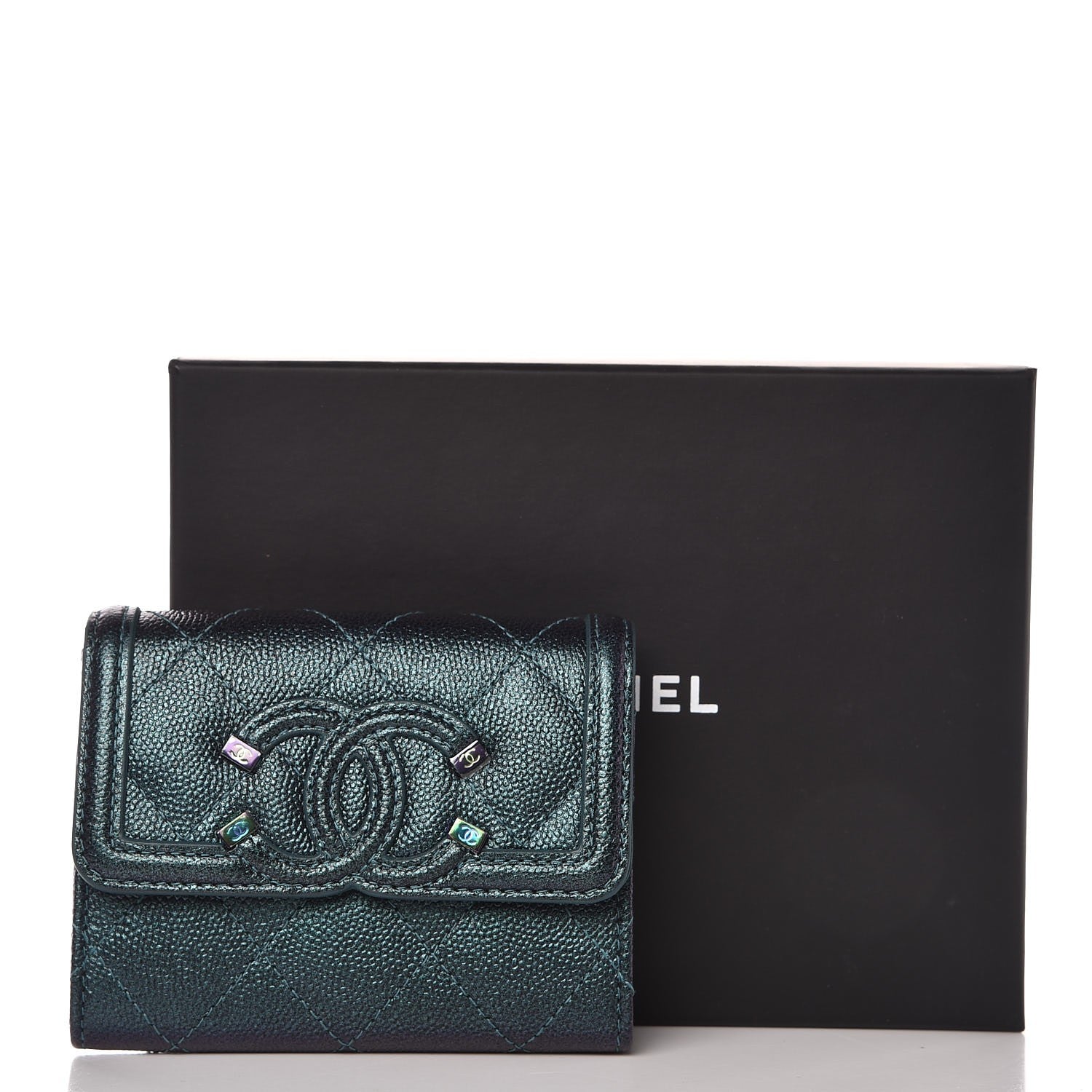 Chanel Iridescent Caviar Quilted Filigree Card Holder Dark Turquoise 9 of 9