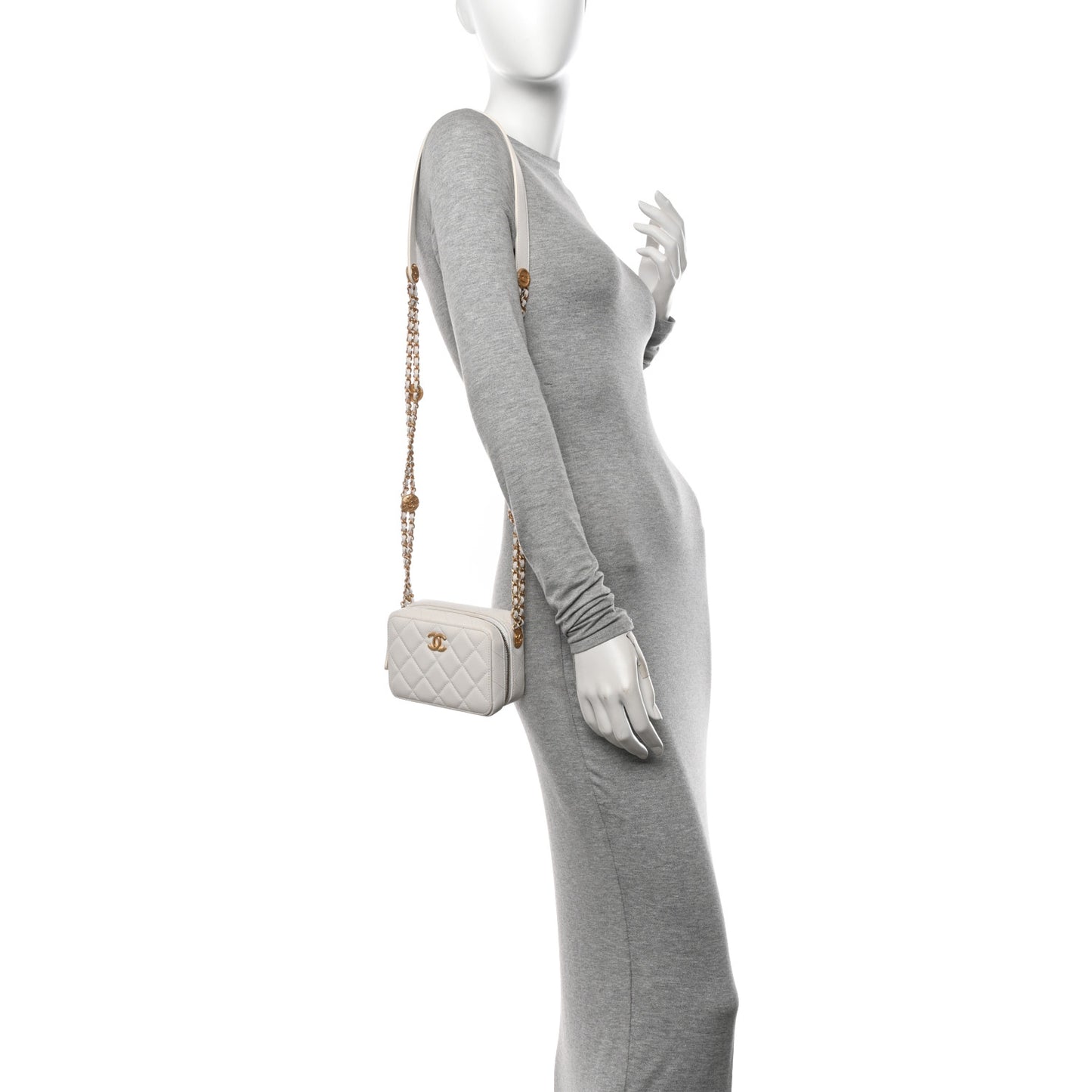 Caviar Quilted Twist Your Buttons Clutch With Chain White