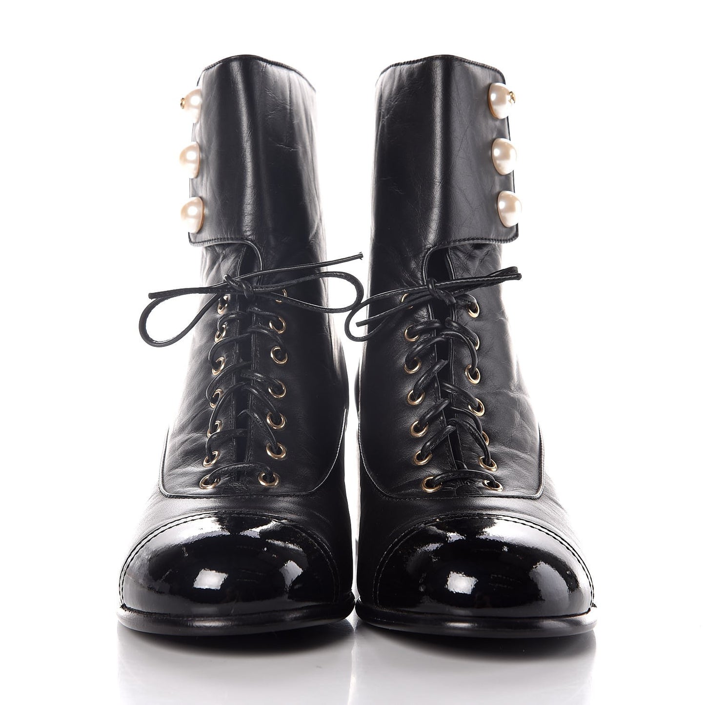 Calfskin Patent Pearl Short Boots 37.5 Black Gold