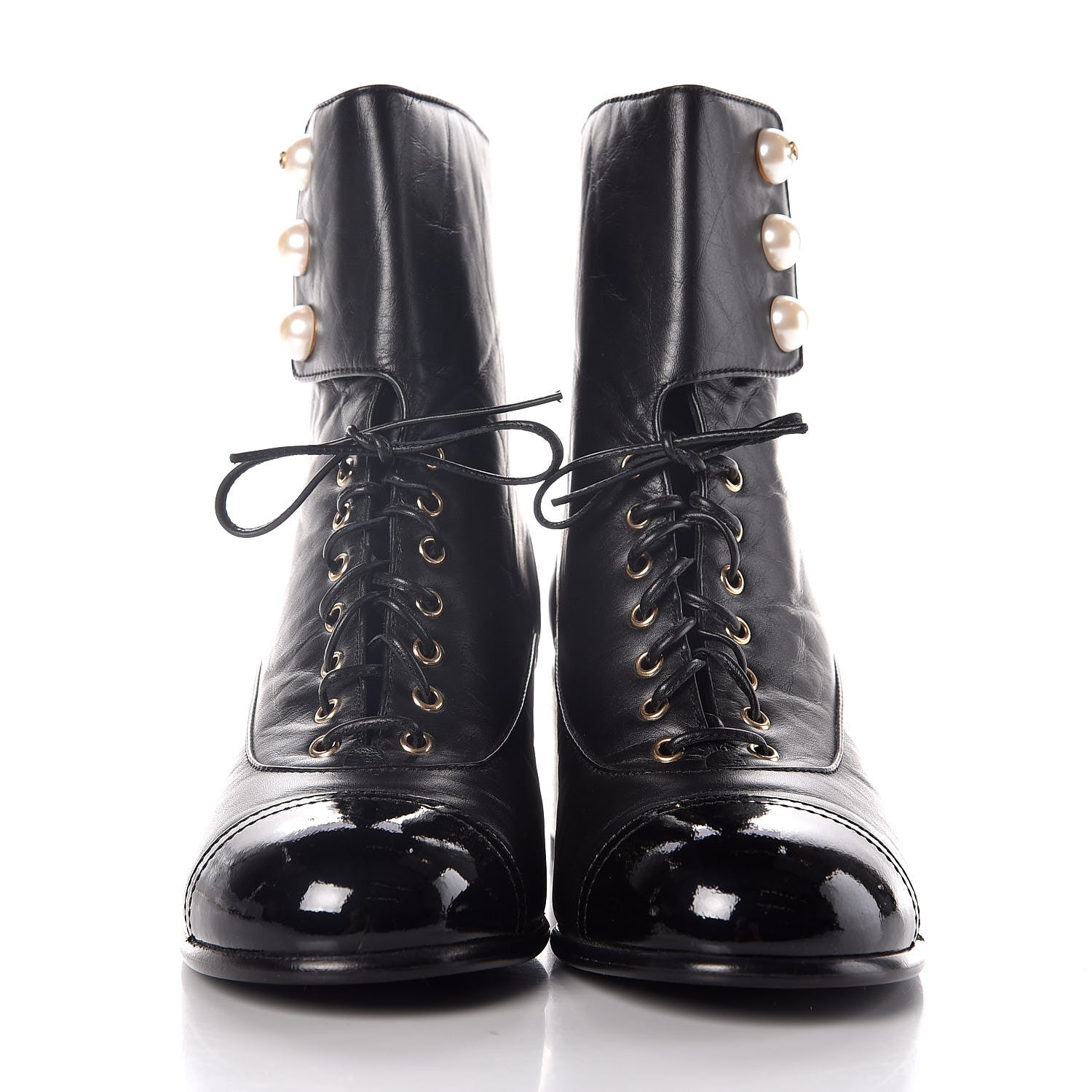 Chanel Calfskin Patent Pearl Short Boots 37.5 Black Gold 4 of 9