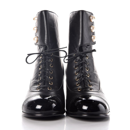 Chanel Calfskin Patent Pearl Short Boots 37.5 Black Gold 4 of 9