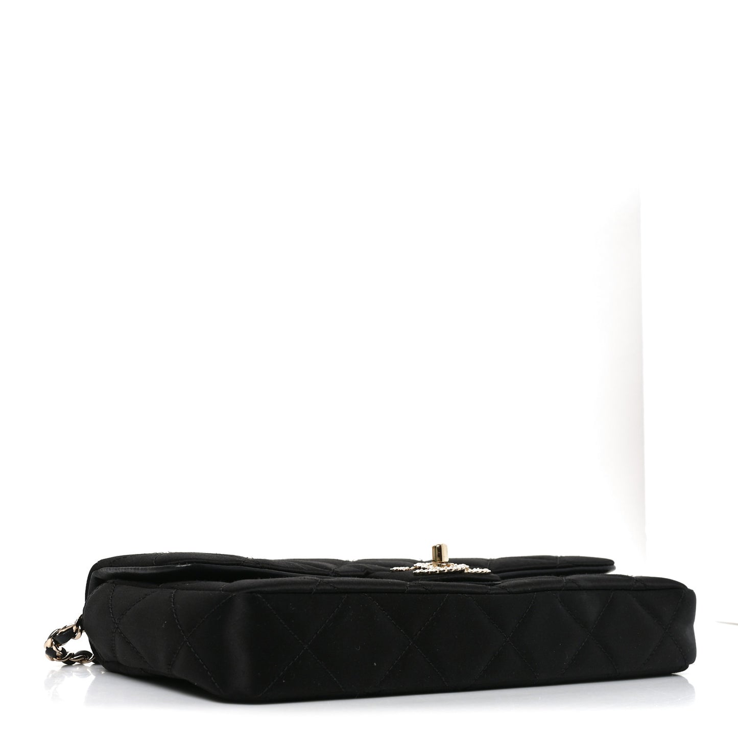 Satin Quilted Pearl CC Flap Clutch Black