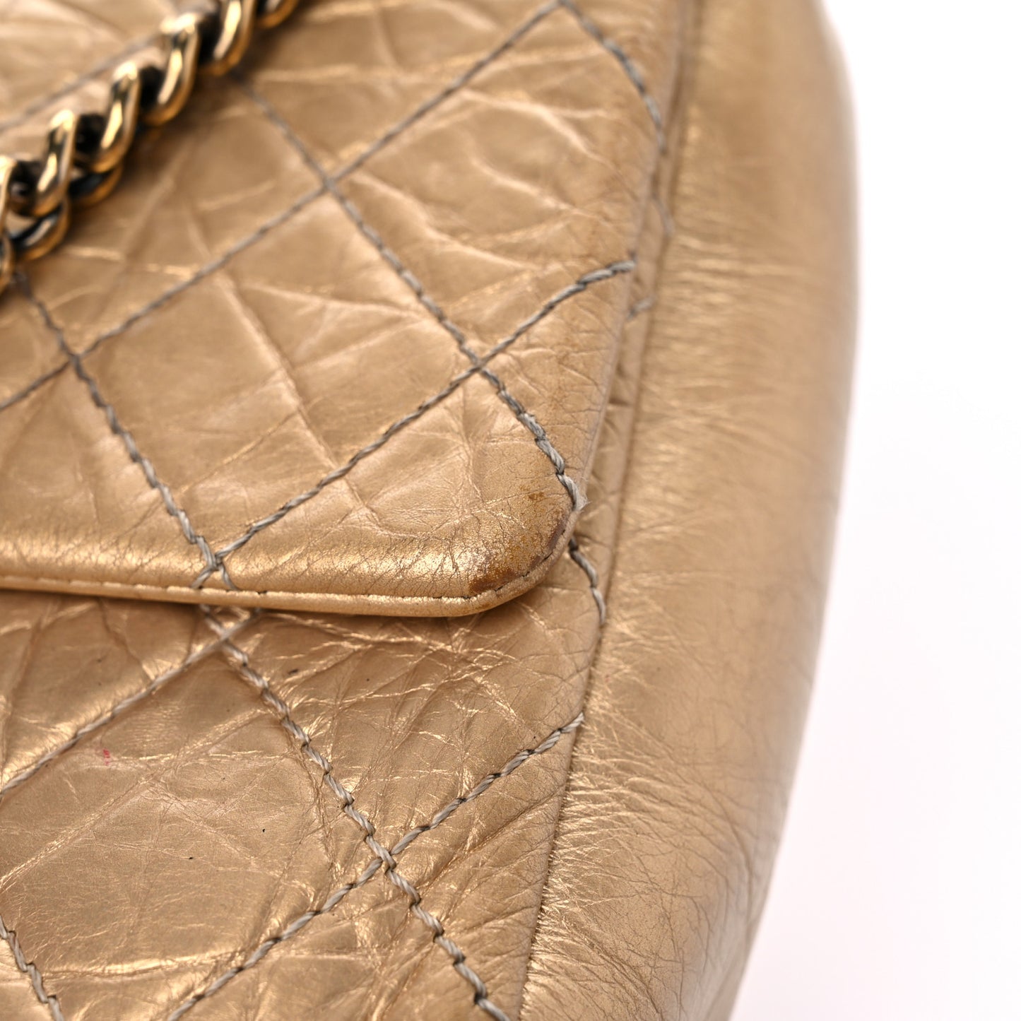 Metallic Aged Calfskin Quilted CC Square Flap Light Gold