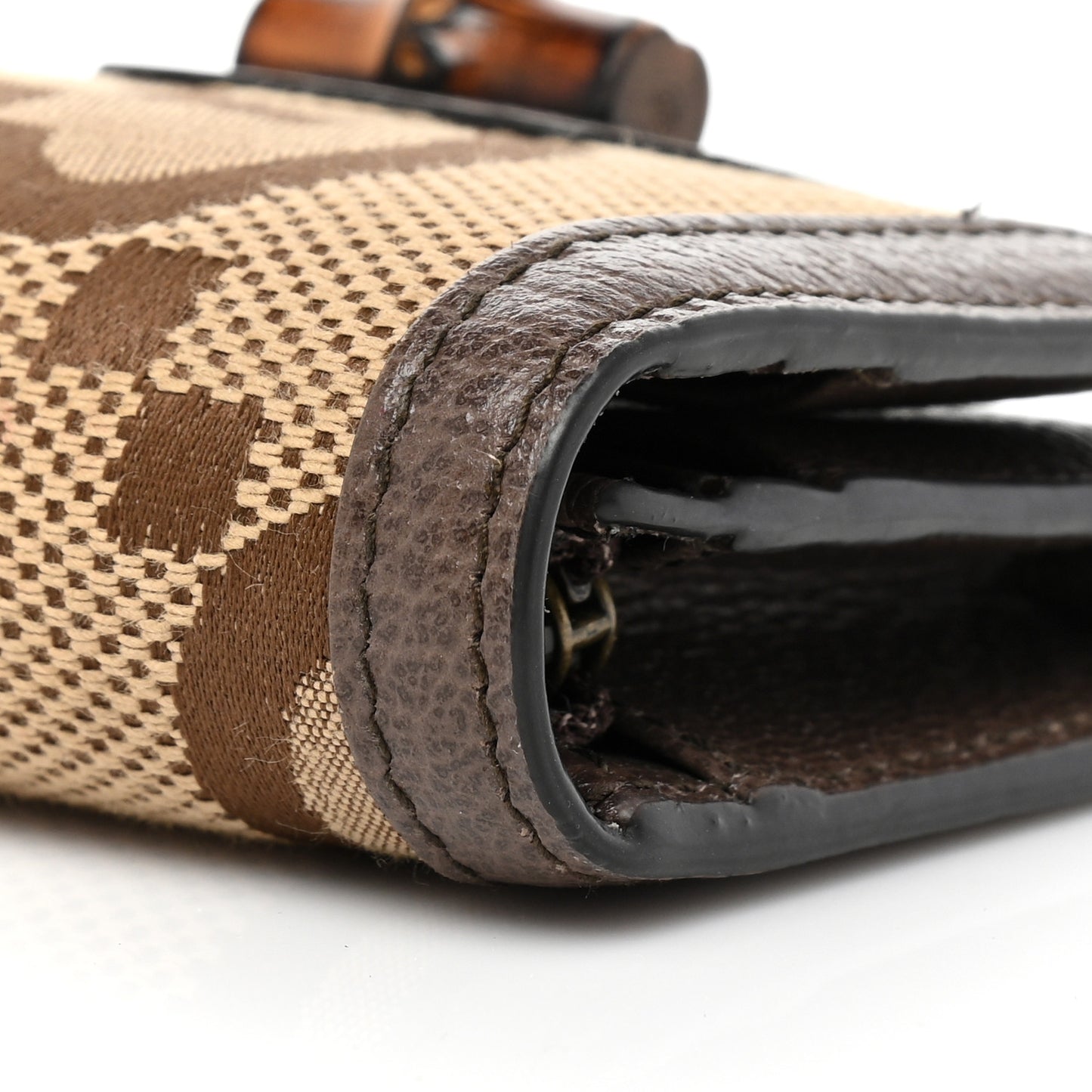 Monogram Jumbo GG Textured Dollar Calfskin Diana Card Case Wallet Camel Ebony New Acero