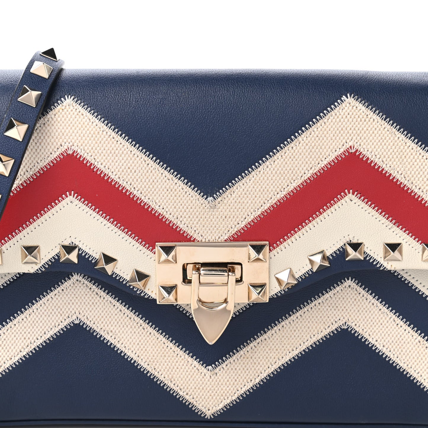 Calfskin Canvas Zig Zag Print Rockstud Flip Lock Crossbody Bag Red Blue
