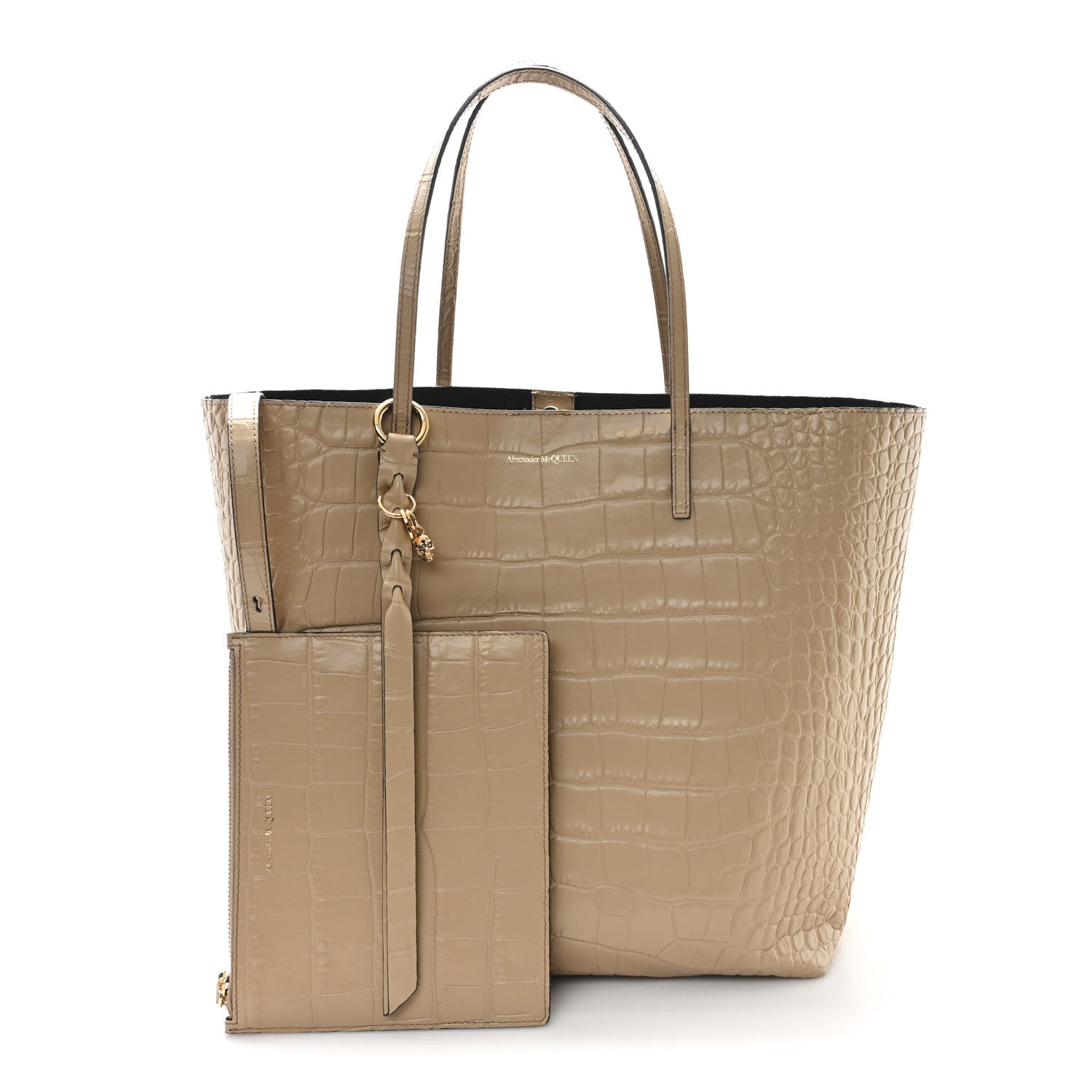 Alexander McQueen Calfskin Crocodile Embossed Skull Open Shopper Tote Camel 3 of 11