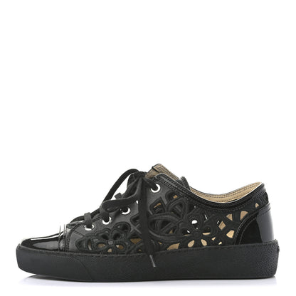 Chanel Patent Grained Goatskin Hollow Out Flower Sneakers 37 Black 1 of 8