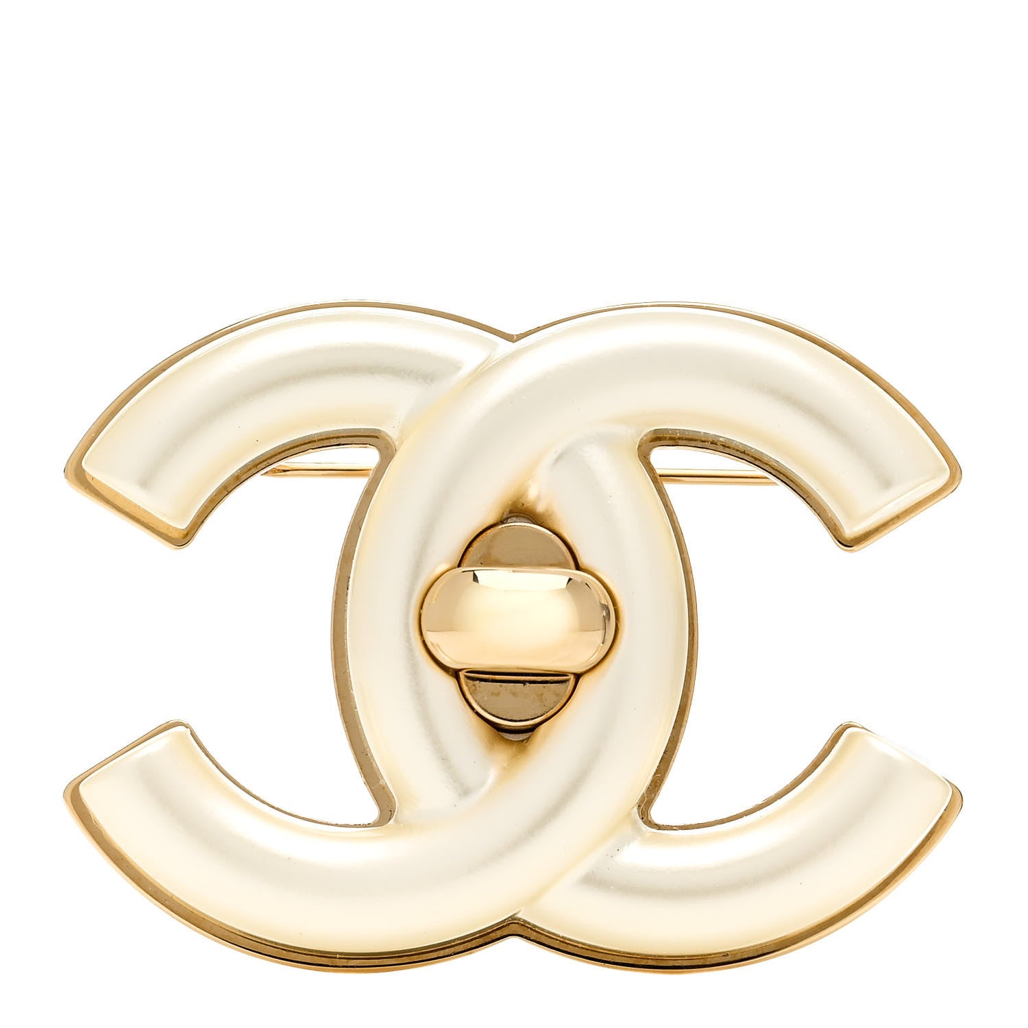 Chanel Resin CC Turnlock Brooch Gold Pearly White 1 of 4
