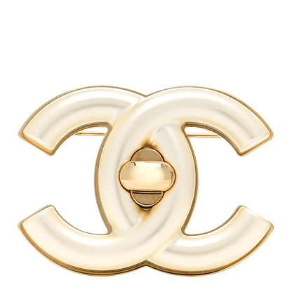 Chanel Resin CC Turnlock Brooch Gold Pearly White 1 of 4