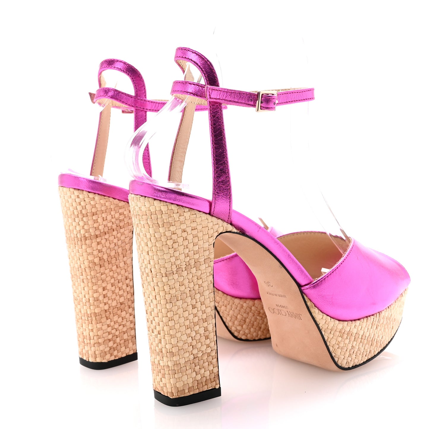 Metallic Nappa Raffia Sacaria 120 Ankle Strap Platform Sandals 36 Fuchsia Natural