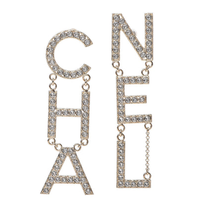 Chanel Crystal Cha-Nel Logo Drop Earrings Gold 1 of 6