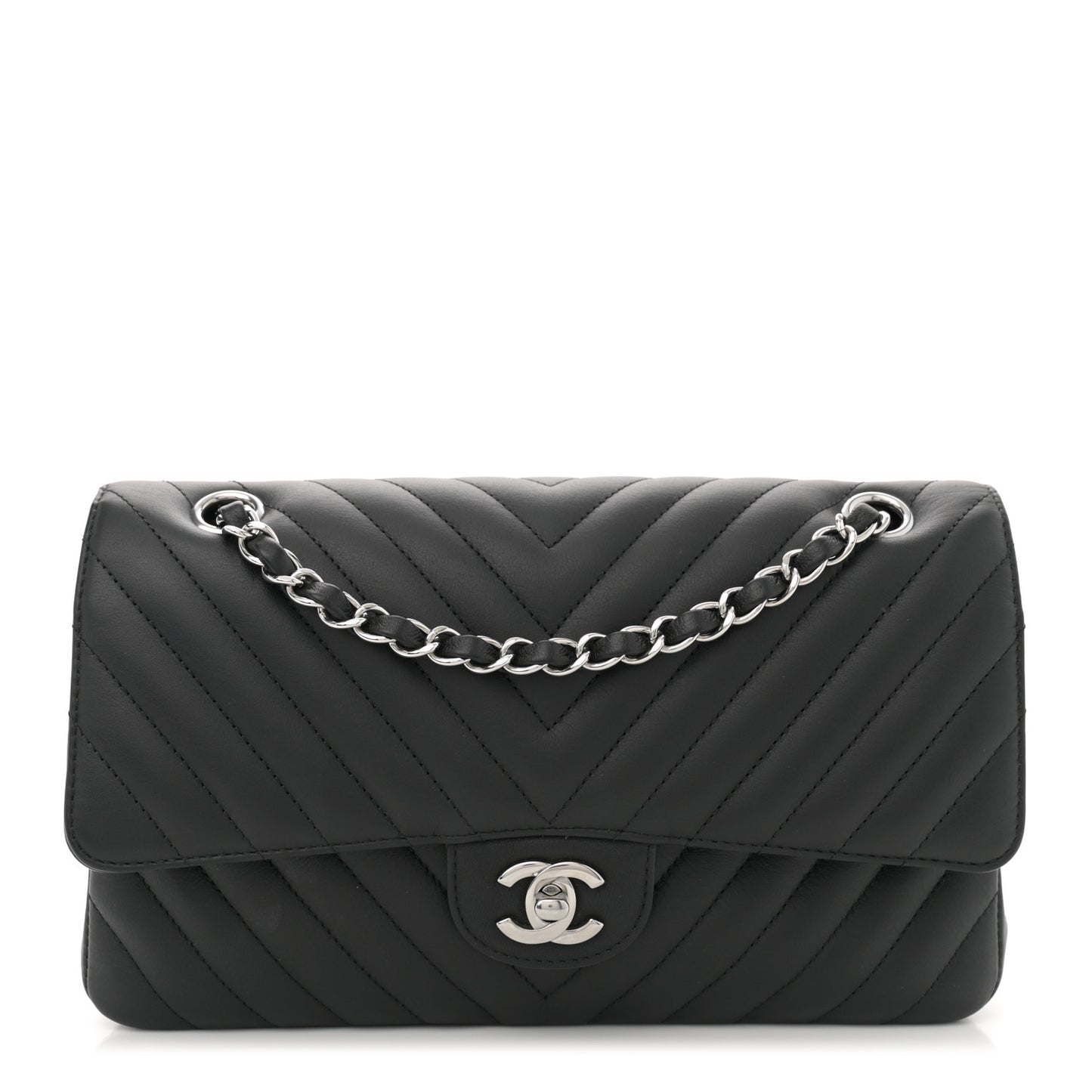Calfskin Chevron Quilted Medium Double Flap Black