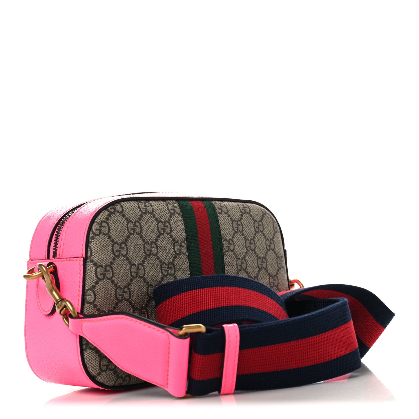 GG Supreme Monogram Textured Dollar Calfskin Web Ophidia Wristlet Shoulder Bag Beige Ebony Fuchsia