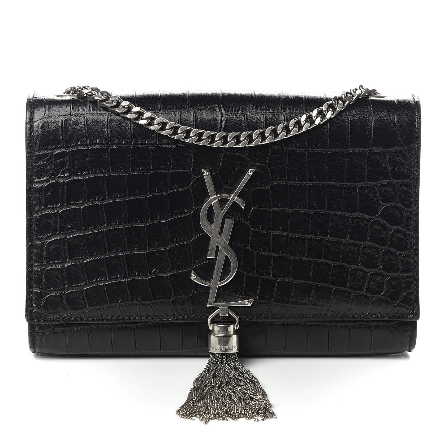 Calfskin Crocodile Embossed Small Classic Monogram Kate Tassel Satchel Black