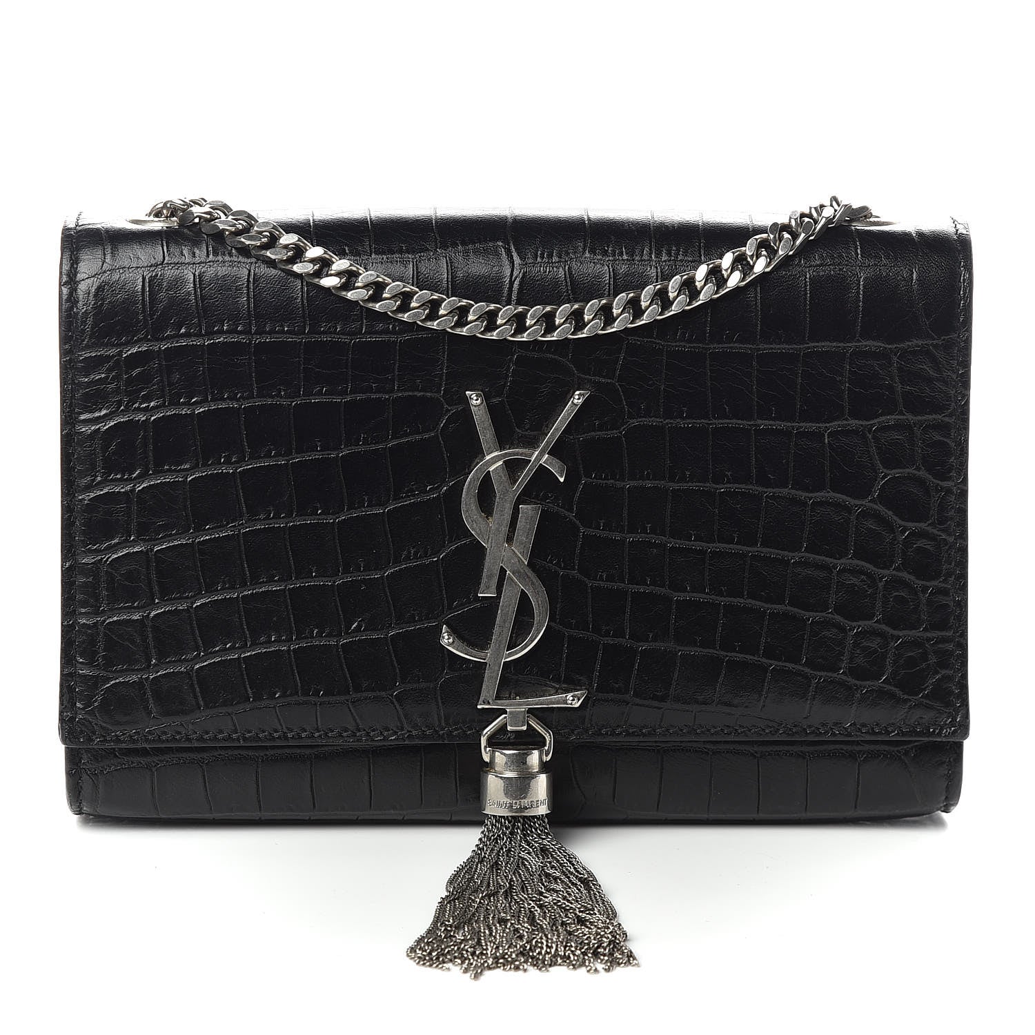 Saint Laurent Calfskin Crocodile Embossed Small Classic Monogram Kate Tassel Satchel Black 1 of 9