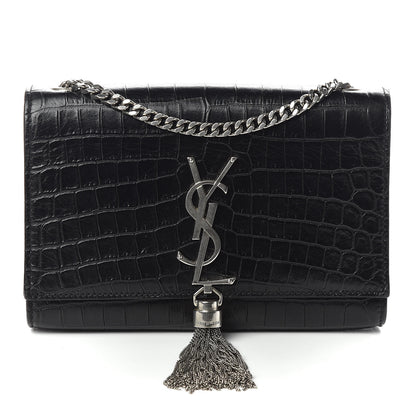 Saint Laurent Calfskin Crocodile Embossed Small Classic Monogram Kate Tassel Satchel Black 1 of 9