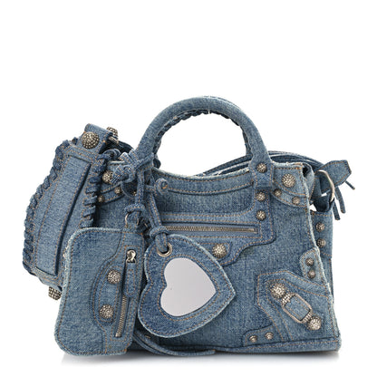 Balenciaga Washed Frayed Denim Crystal Neo Cagole Handbag XS Blue 3 of 15