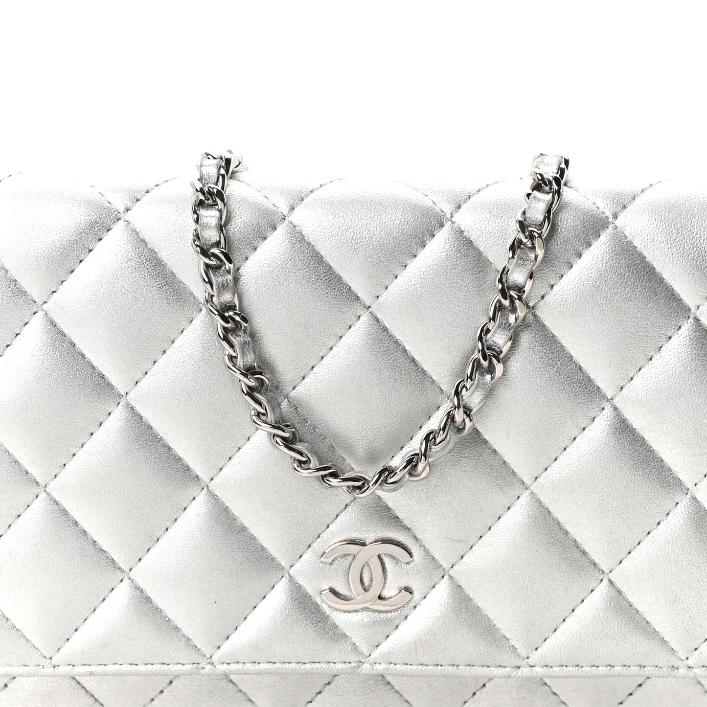 Metallic Lambskin Quilted Wallet On Chain WOC Silver